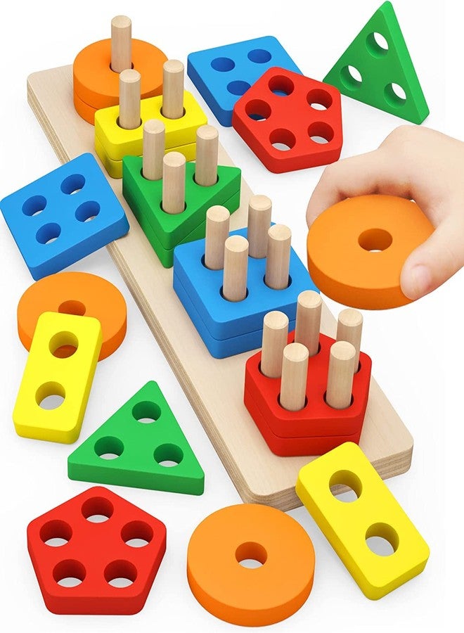 AUTHFORT Wooden Intellectual Geometric Shape Matching Five Column Blocks Educational Wooden Geometric Shape Sorter Puzzle - Image 1